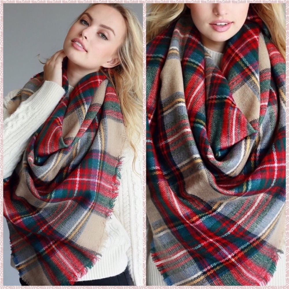 5⭐️ Cranberry Plaid Oversized Blanket Scarf - Picture 2 of 5